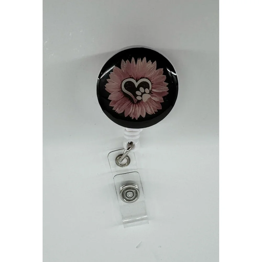 Floral Paw Print in Heart Badge Reel Retractable ID Holder Pink Daisy Cute Nurse